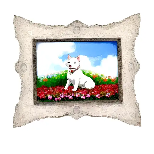 white dog in picture frame covered in flowers tattoo design idea