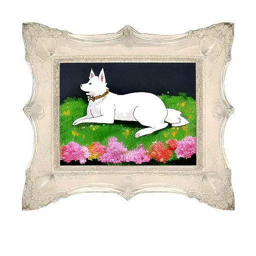 white dog in gold picture frame covered in flowers tattoo design idea