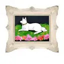 white dog in gold picture frame covered in flowers tattoo design idea