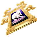 white dog in gold picture frame covered in flowers tattoo design idea