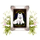 white dog in gold picture frame covered in flowers tattoo design idea