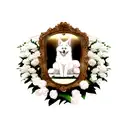 white dog in gold picture frame covered in flowers tattoo design idea