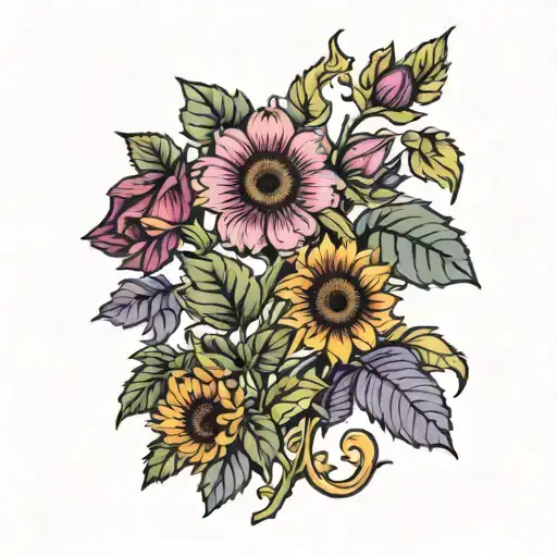 sunflower, purple poppy and ivy vines tattoo design idea