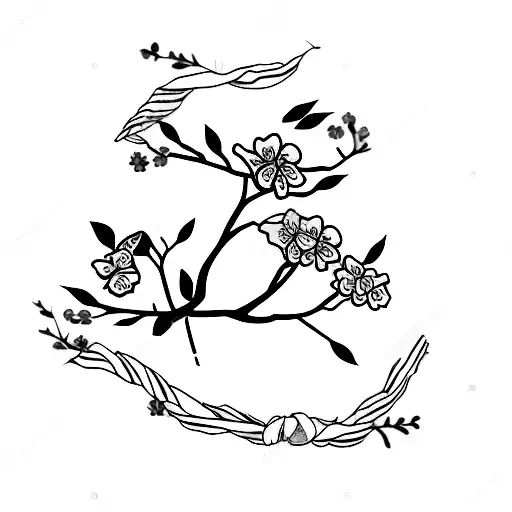 cherry blossom on the shoulder going down to the arm with a red knotted ribbon. Everything in fine strokes tattoo design idea