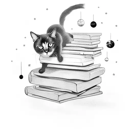 A mysterious black cat sitting on a stack of books, with planets and stars floating around it tattoo design idea