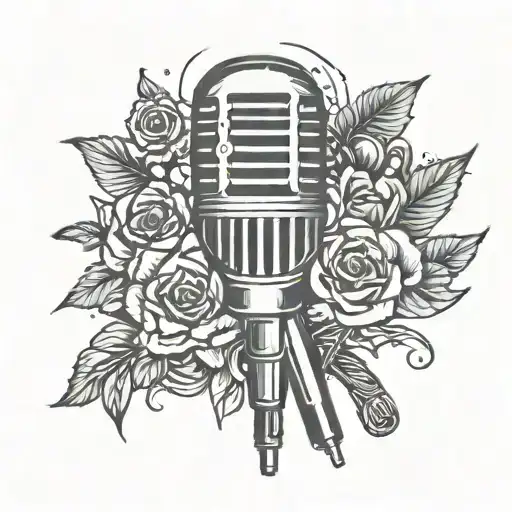 A neotraditional tattoo of a BTS-inspired microphone with a dog silhouette in the background tattoo design idea