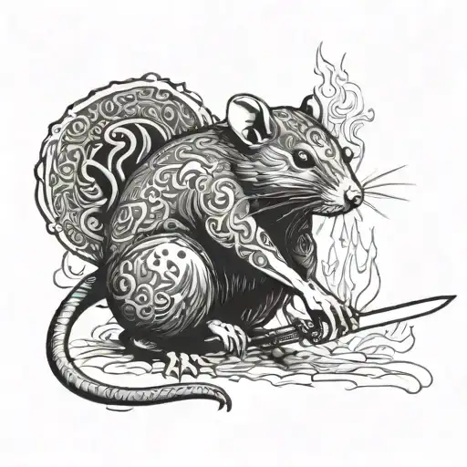 Rat with rice hat and katana sword unsheaded on fire tattoo design idea