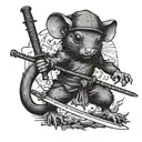 Rat with rice hat and katana sword unsheaded on fire tattoo design idea