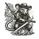 Rat with rice hat and katana sword unsheaded on fire tattoo design idea