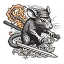 Rat with rice hat and katana sword unsheaded on fire tattoo design idea