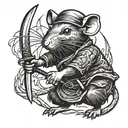 Rat with rice hat and katana sword unsheaded on fire tattoo design idea