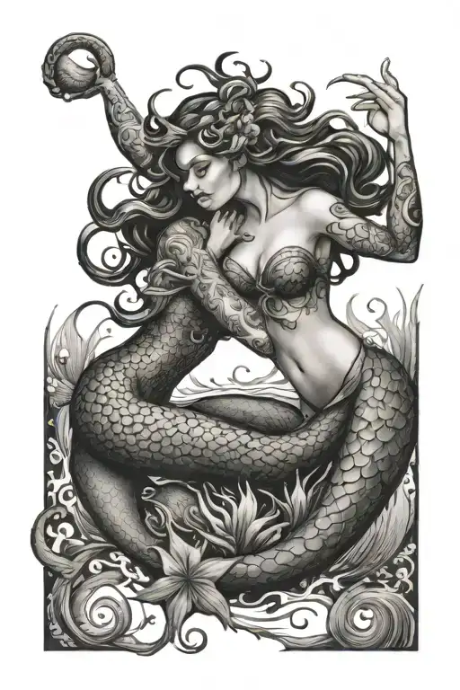 siren and mermaid fight   tattoo design idea