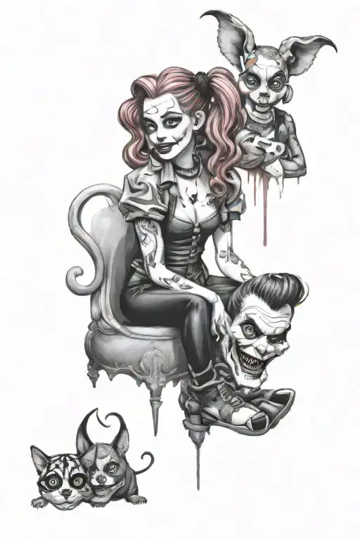 medusa, joker, and Harley Quinn sitting tattoo design idea