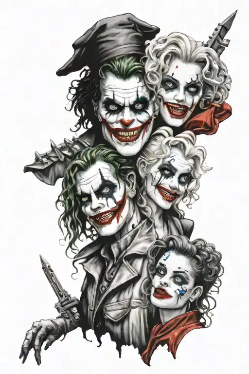 medusa, joker, and Harley Quinn tattoo design idea