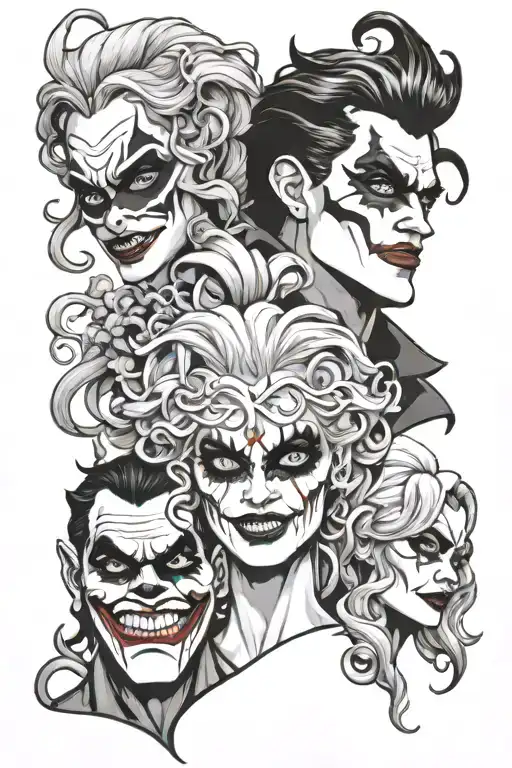 medusa, joker, and Harley Quinn tattoo design idea