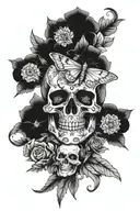  moths , flowers,moon, and skull face tattoo design idea