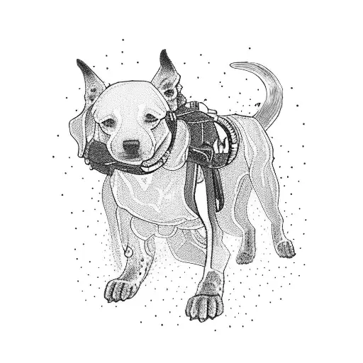 A dog walker silhouette surrounded by a pack of dogs, each representing a different element of nature (fire, water, earth, air) tattoo design idea