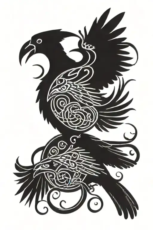 Asymmetrical celtic pattern with ravens Huginn and Muninn tattoo design idea