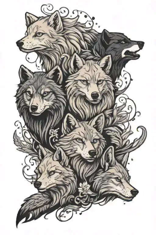 happy bear, pensive wolf, and wise fox with nine tails, all surrounded by dreamy wisps tattoo design idea