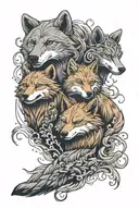 happy bear, pensive wolf, and wise fox with nine tails, all surrounded by dreamy wisps tattoo design idea