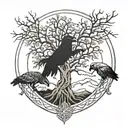 tree yggdrasil, huggin munnin ravens and a wolf head tattoo design idea