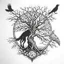 tree yggdrasil, huggin munnin ravens and a wolf head tattoo design idea