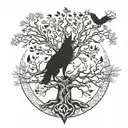 tree yggdrasil, huggin munnin ravens and a wolf head tattoo design idea