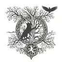 tree yggdrasil, huggin munnin ravens and a wolf head tattoo design idea