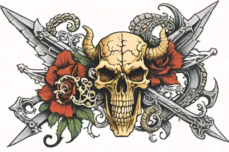 bull skull and two seahorse skeleton on either side with crossed swords behind tattoo design idea