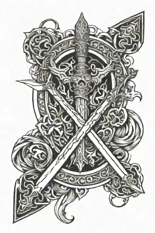 narsil sword, dwarf axe, elf bow, gandolf's staff inside of ring of power tattoo design idea