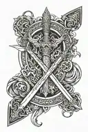 narsil sword, dwarf axe, elf bow, gandolf's staff inside of ring of power tattoo design idea