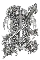 narsil sword, dwarf axe, elf bow, gandolf's staff inside of ring of power tattoo design idea