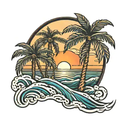 sunset with waves and two palm trees tattoo design idea