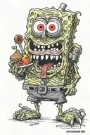 cursed spongebob with red eyes eating someone tattoo design idea