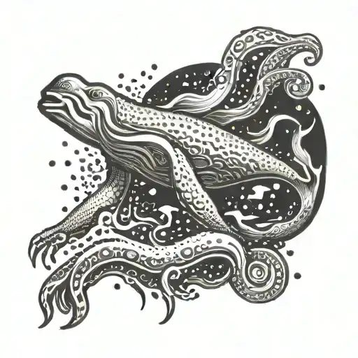 An intricate design featuring a swimmer diving into a pool with cuttlefish swimming alongside tattoo design idea