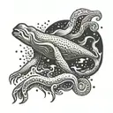 An intricate design featuring a swimmer diving into a pool with cuttlefish swimming alongside tattoo design idea
