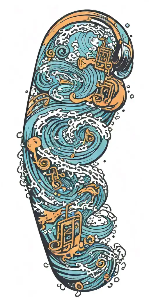 A tattoo of sound waves/musical notes rapping around running water  tattoo design idea