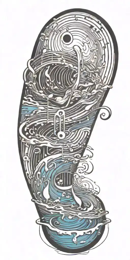 A tattoo of sound waves/musical notes rapping around running water  tattoo design idea