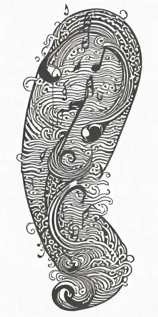 A tattoo of sound waves/musical notes rapping around running water  tattoo design idea