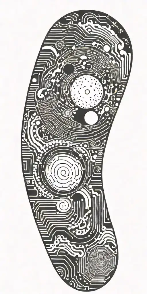 An abstract tattoo of sound waves from "Abegginers guide to destroying the moon" intertwined with circuit board patterns tattoo design idea