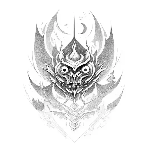 A surrealistic tattoo combining elements from different fantasy games in blackwork style tattoo design idea
