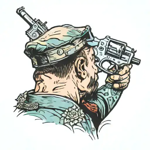 man pointing a gun at the back of a cops head tattoo design idea