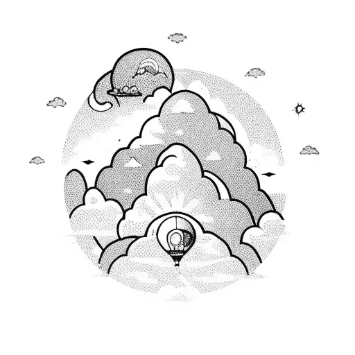 A silhouette of a hot air balloon floating above a mountain range with sun rays peeking through the clouds tattoo design idea