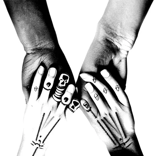 two women hands holding each other, one of them is shaped like a skull  tattoo design idea