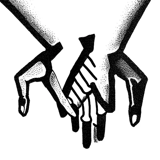 two hands holding, one of them skeleton  tattoo design idea