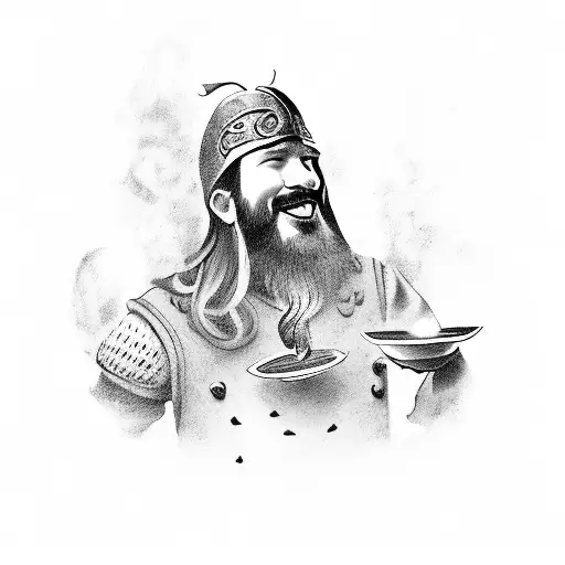 A waiter serving a feast of Viking-inspired dishes with wine tattoo design idea
