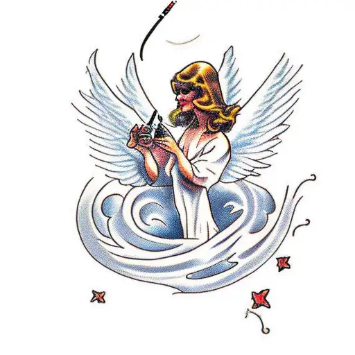 an angel smoking a cigarette and drinking wine tattoo design idea