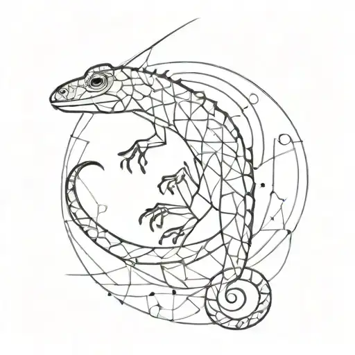 A surrealistic lizard design merging with abstract shapes and patterns tattoo design idea