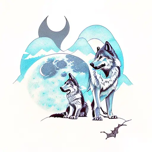 silhouettes of two wolf cubs who sit on the back of a walking bear and howl at the moon tattoo design idea
