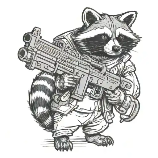 a blackwork tattoo sketch of a raccoon holding a gun, depicted in full body.  tattoo design idea